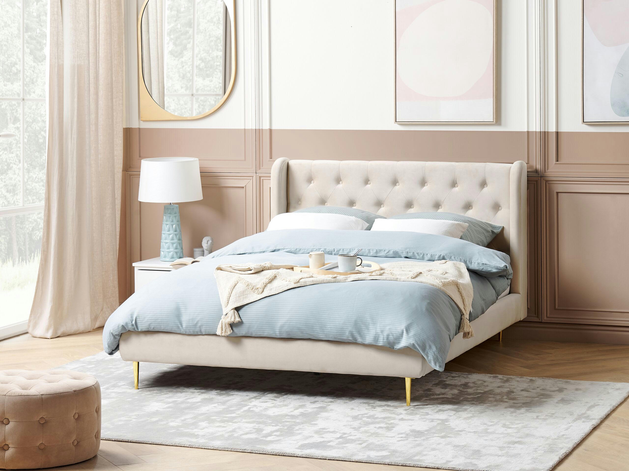 FORBACH - Lit double en tissu beige 140x200