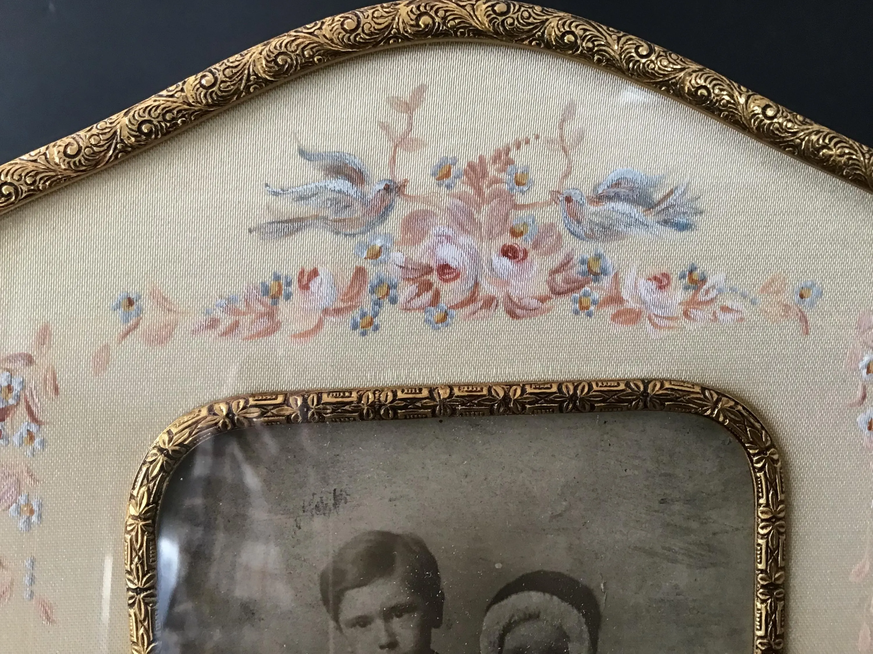 Antique Boudoir French Ormolu Brass Photo Frame c. 1920s, Hand-Painted Silk Mat with Roses and Doves, Velvet Back
