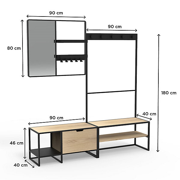 Meuble d'entrée en métal noir et bois 5 patères banc et miroir l. 180 cm Homesight Wilko