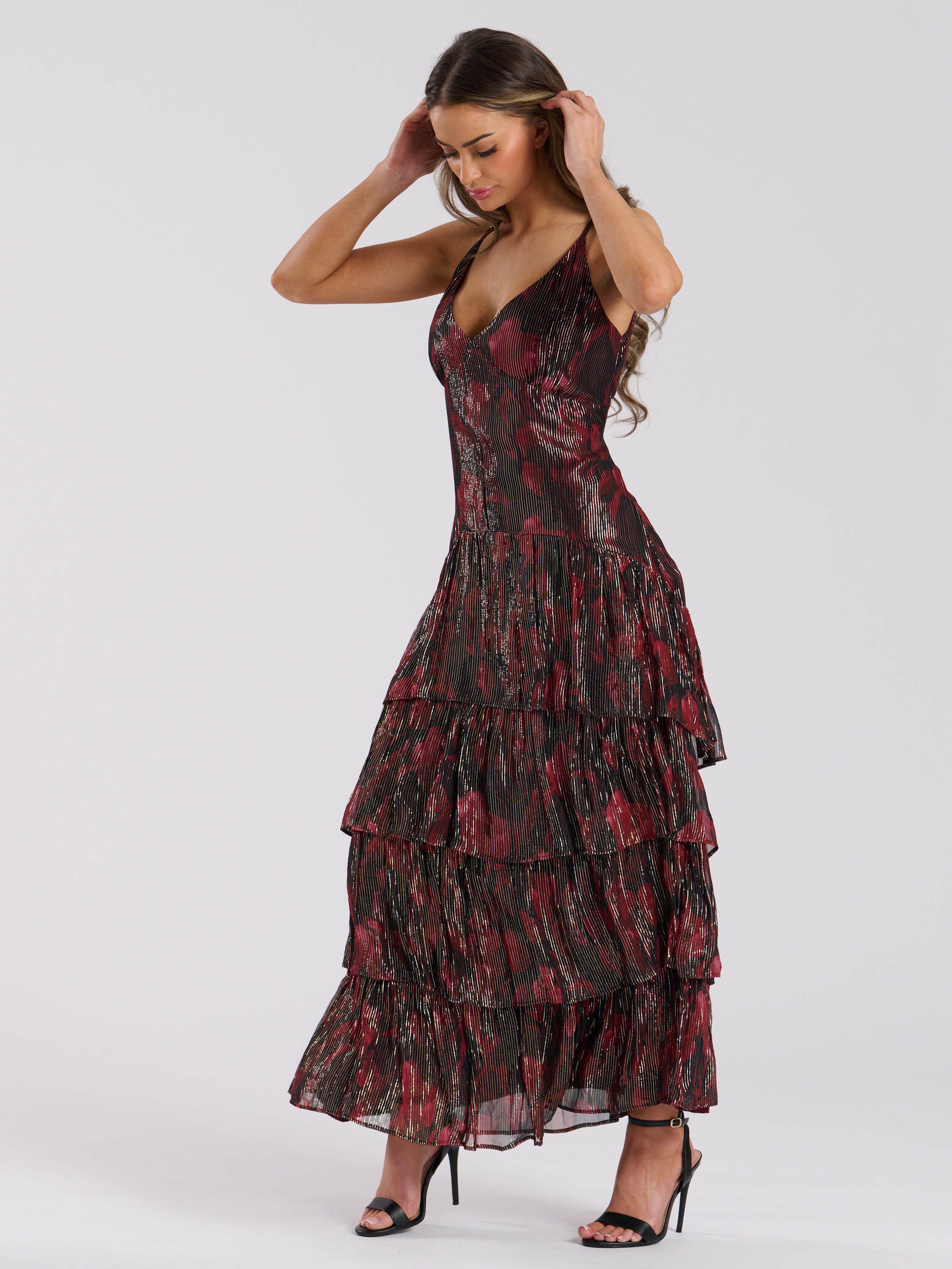 Finding Friday Printed Metallic Ruffle Strappy Shoulder Maxi Dress
