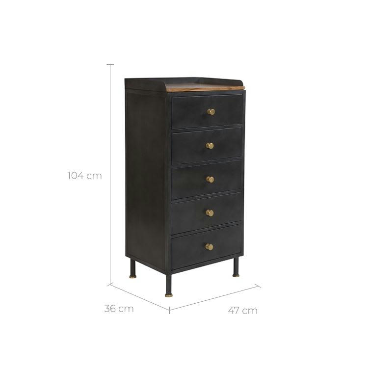 GAUTHIER - Chiffonnier 5 tiroirs en métal gris métallisé et bois de manguier