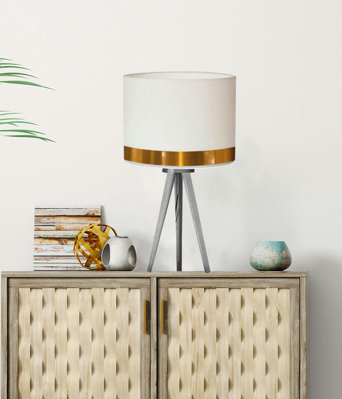 JONC - Abat-jour pour chevet rond blanc jonc cuivre D: 25 x H: 20