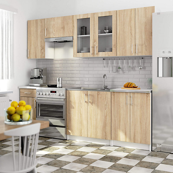 Ensemble de cuisine vitré AKORD LIMA 2.4m H720 Blanc 240 cm 11 portes 1 tiroir façade Chêne Sonoma 240x44,5x203 cm