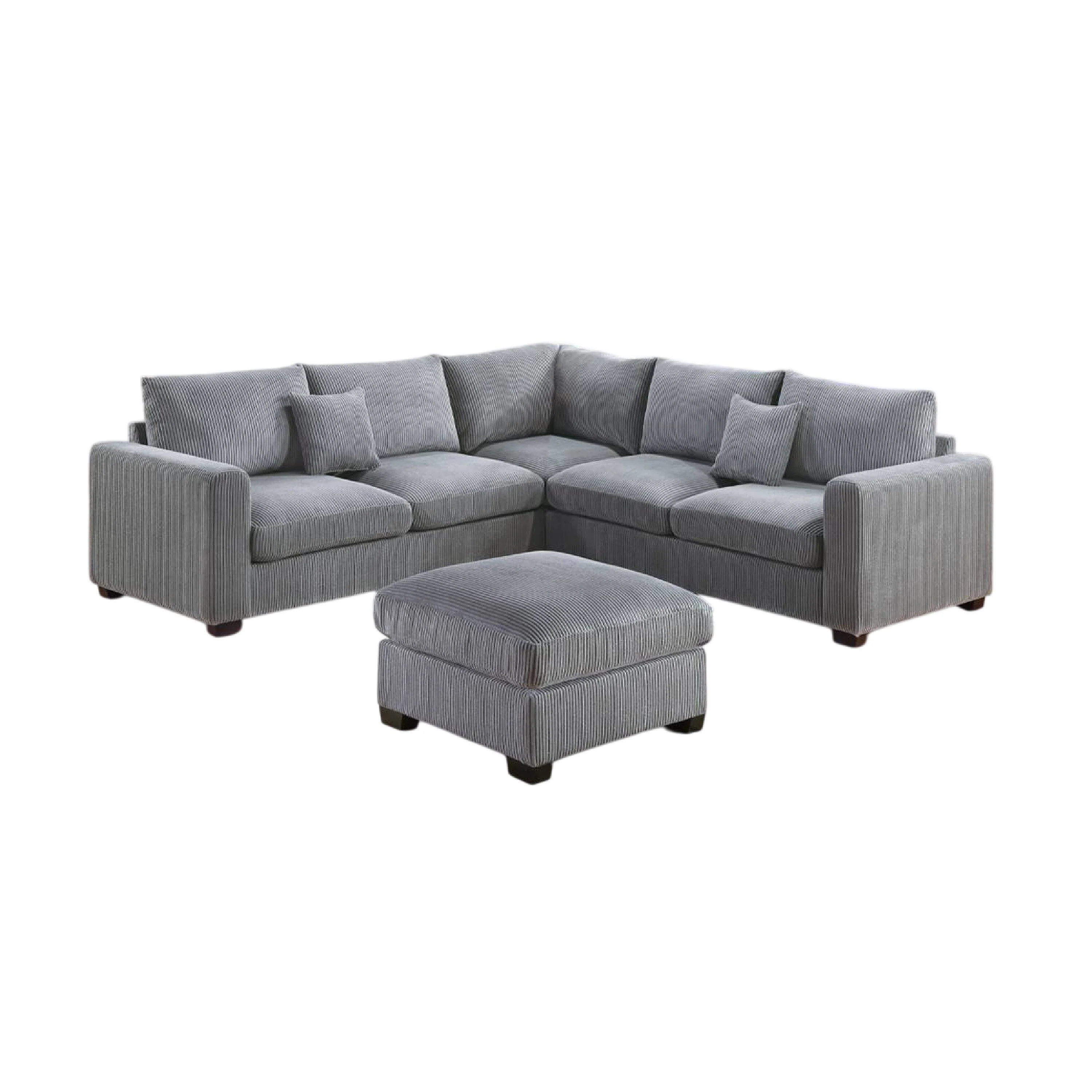 Rey 4pc L Sectional Sofa Set, 2 Accent Pillows, Gray Corduroy Fabric