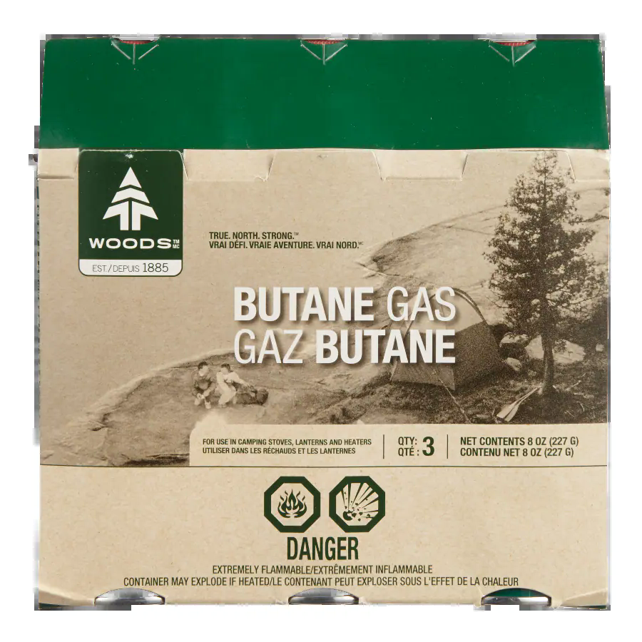 Woods Butane Gas Canister/Cartridge, Fuel For Camping Stoves, Lanterns & Heaters, 8-oz, 3-pk