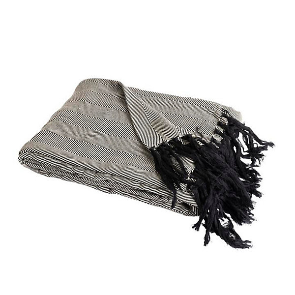 Couverture plaid ZIGORA en coton 100 % - Noir avec franges 180x220 cm - SACASA