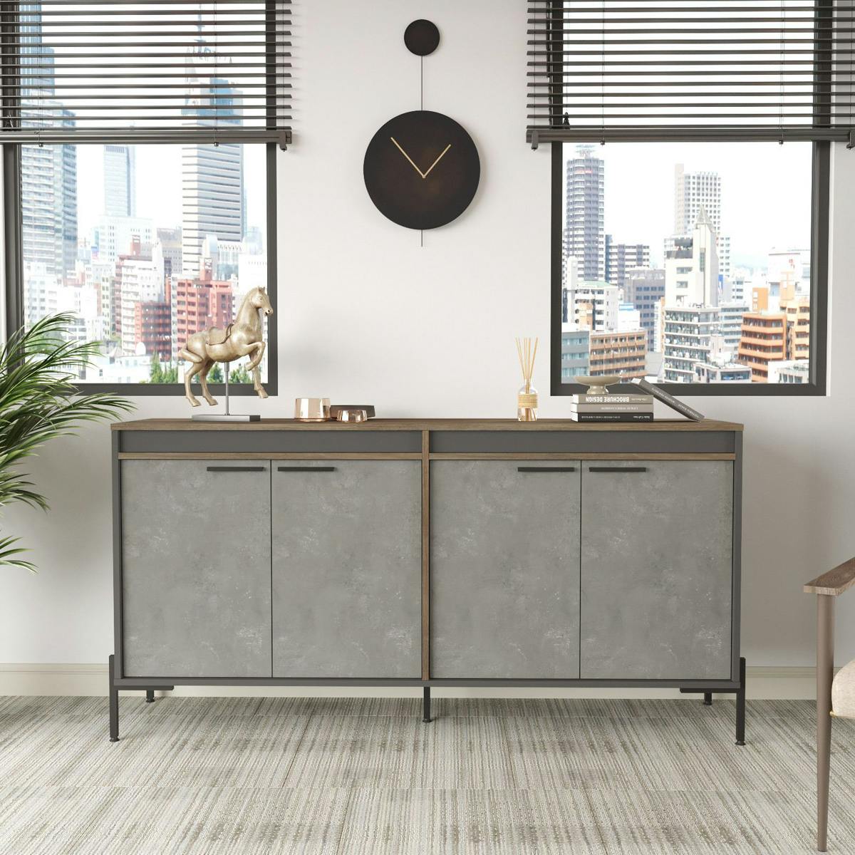 Buffet moderne 4 portes décor bois foncé, béton et gris JENA
