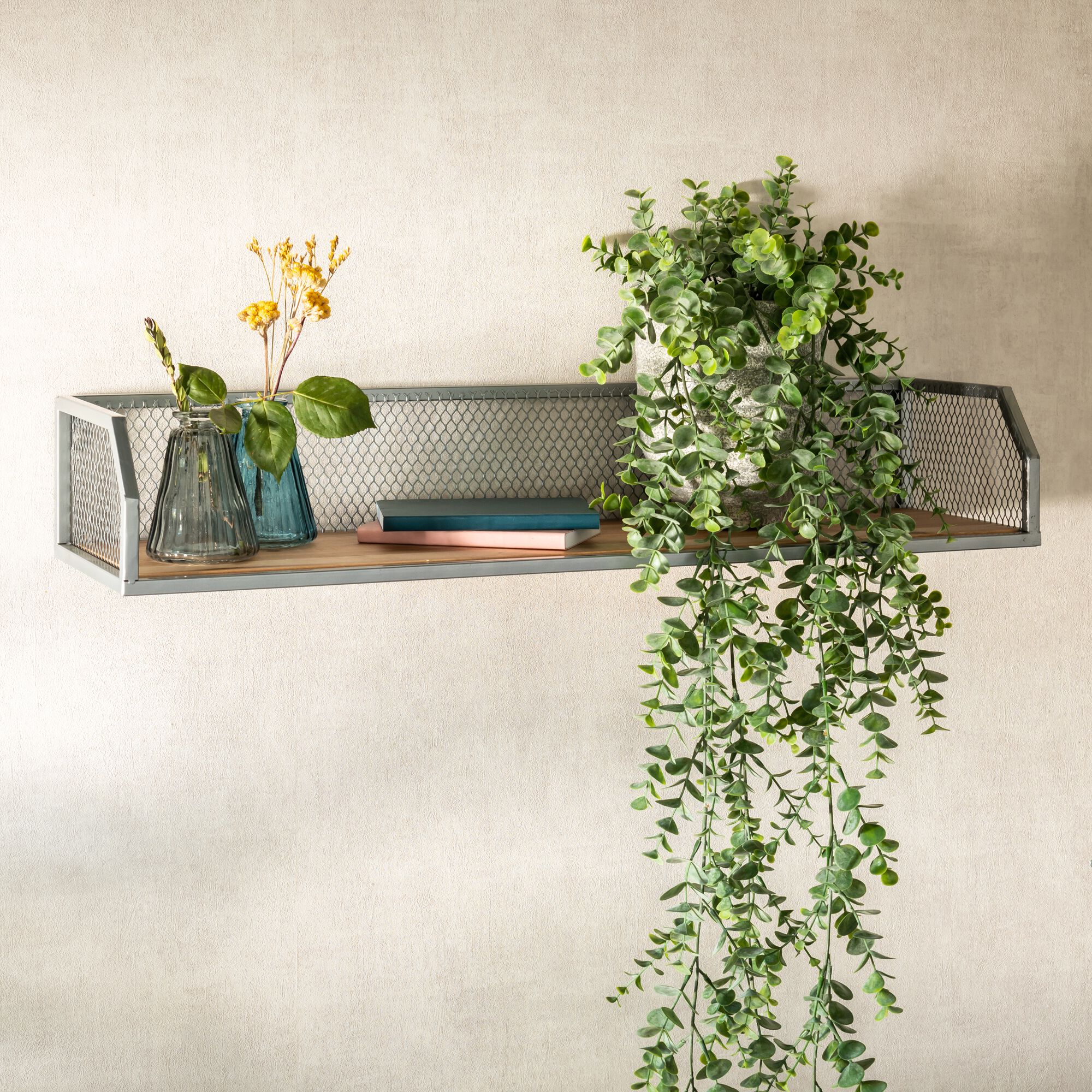 FIR - Étagère murale grillagée en bois et métal argenté L67cm