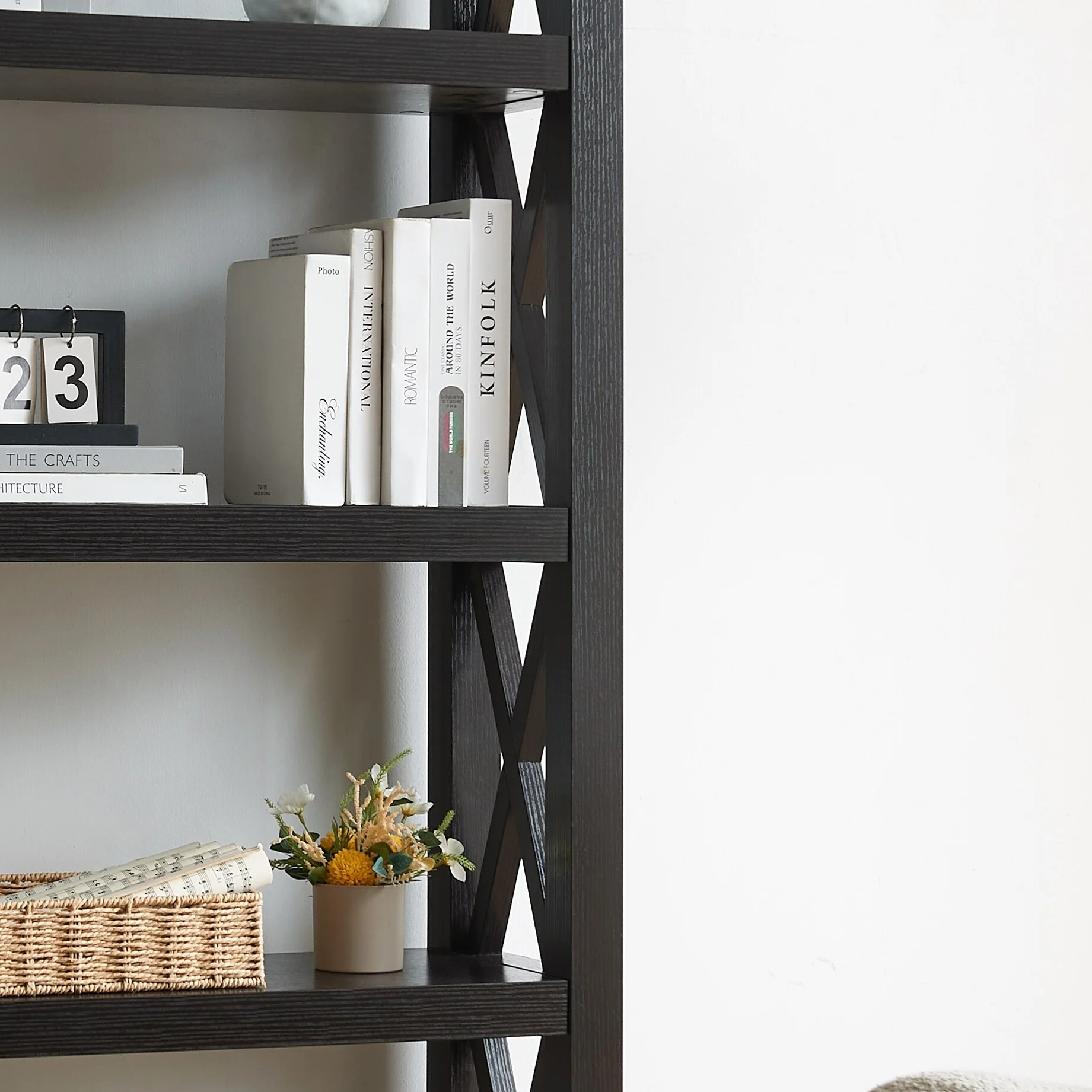 Modern Bookcase Display Cabinet Four Tall Shelves With X Brace Wooden Frame And Wooden Legs
