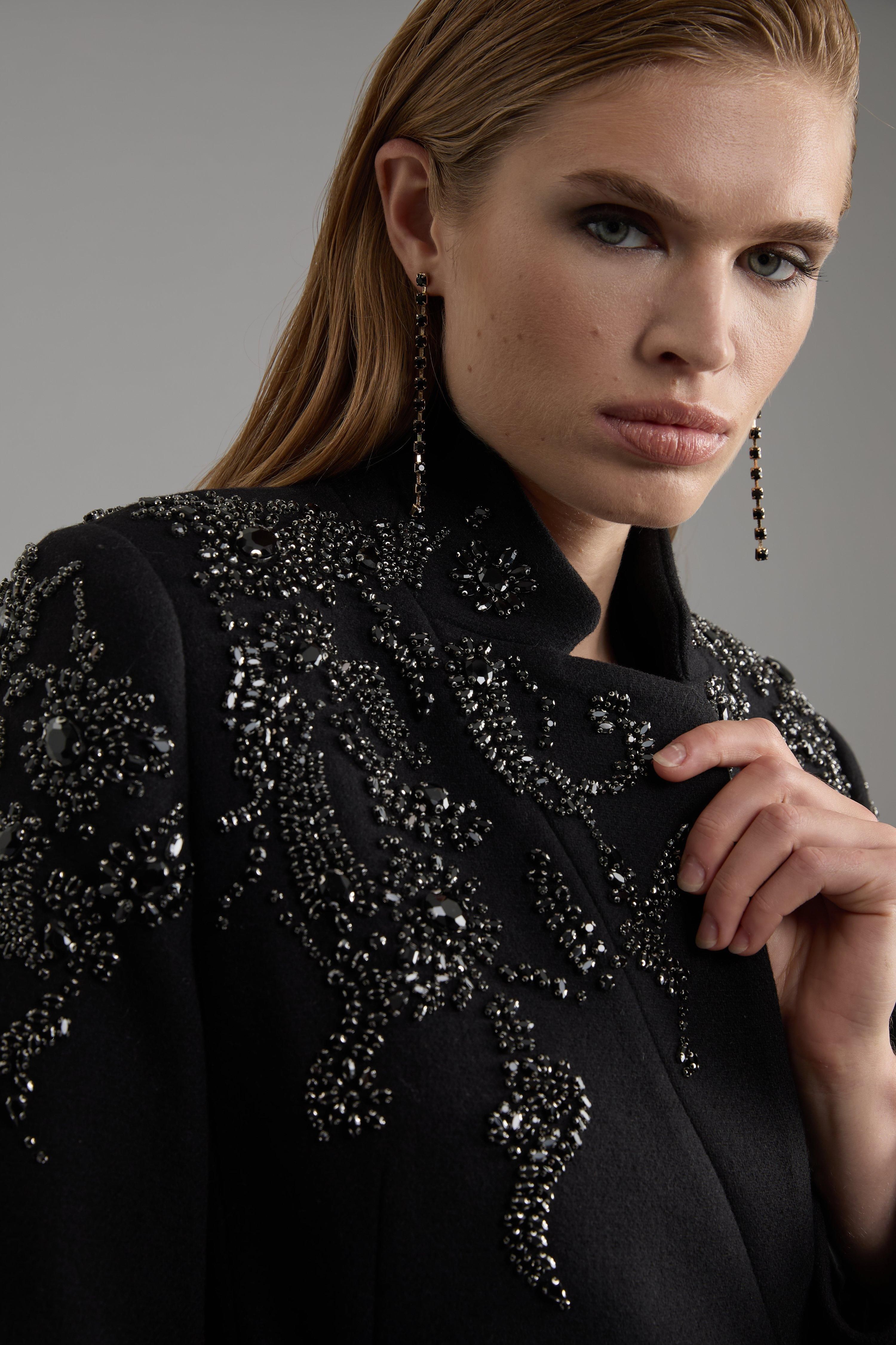 KarenMillen Wool Crystal Embellished Notch Neck Belted Maxi Coat