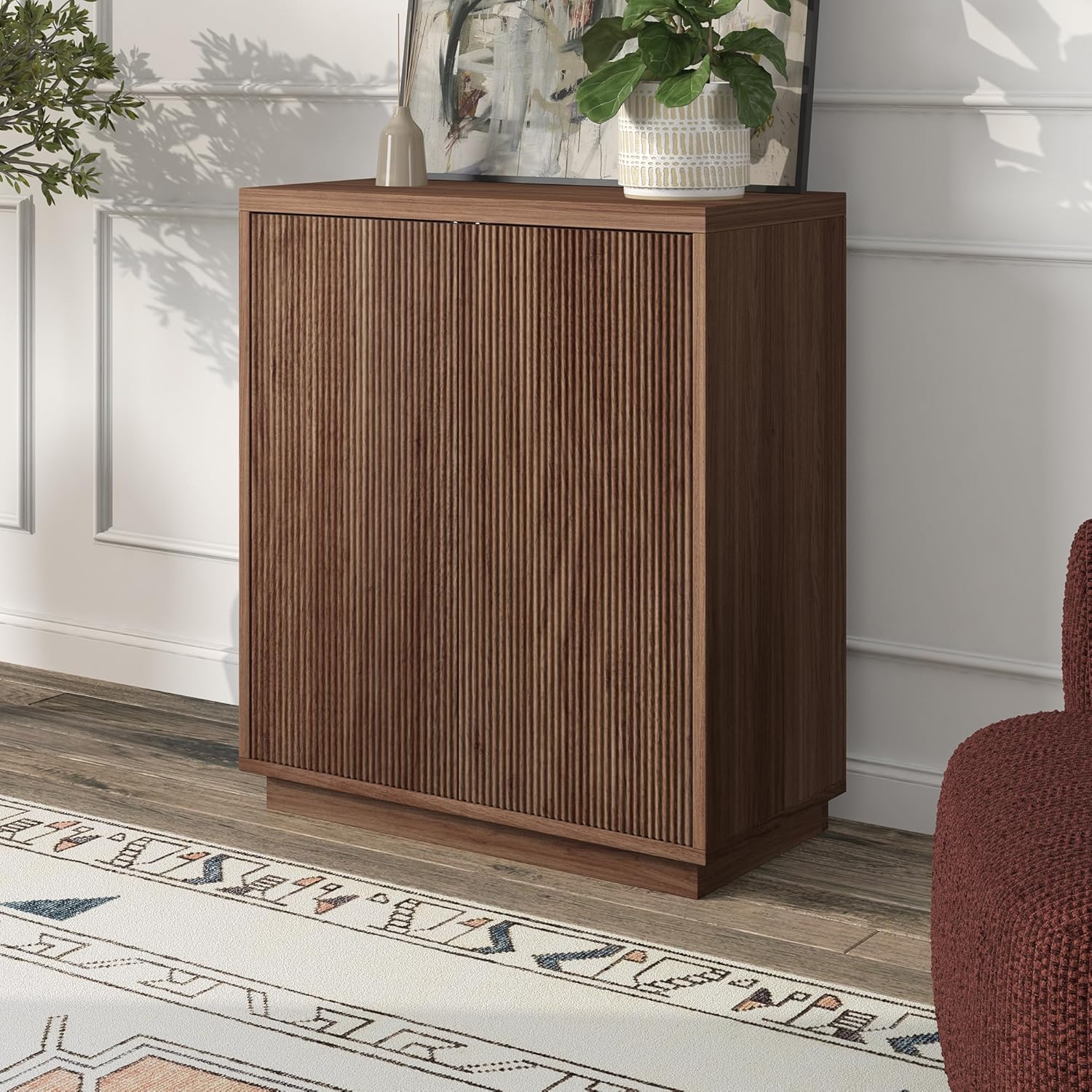 Henn&Hart 28 Fluted Wooden Accent Cabinet, Ribbed Modern Sideboard Buffet Cabinet with 2 Doors and an Adjustable Shelf for Living Room, Dining Room, Bedroom or Entryway, Medium Walnut