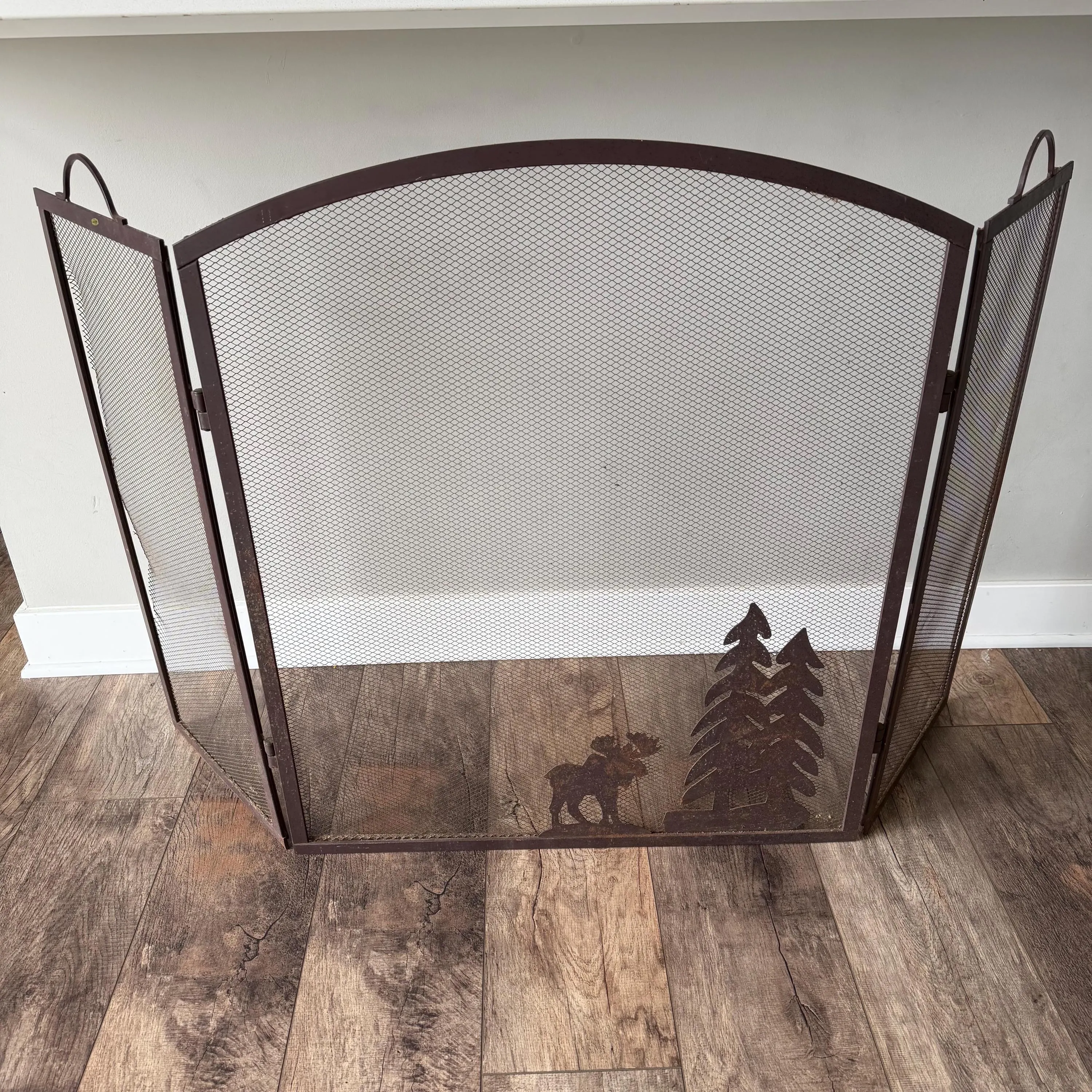 Rustic Moose & Pine Tree Fireplace Screen 3 Panel Folding Metal Fire Screen, Woodland Cabin Lodge Hearth Guard 31” H x 26” W, Made in Taiwan