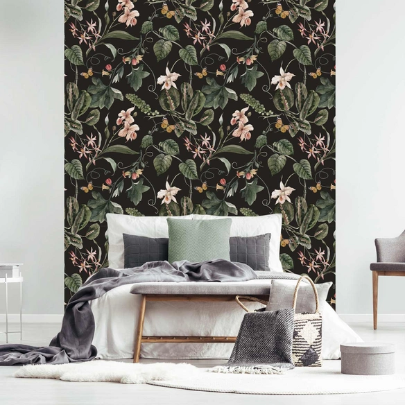 Vliestapete »Midori«, Blumenmuster, schwarz/rosa/grün, matt