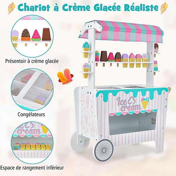 Chariot à Crème Glacée en Bois Enfants avec Auvent Unique, Jouet Chariot à Glaces avec 12 Accessoires, 65x31x87CM