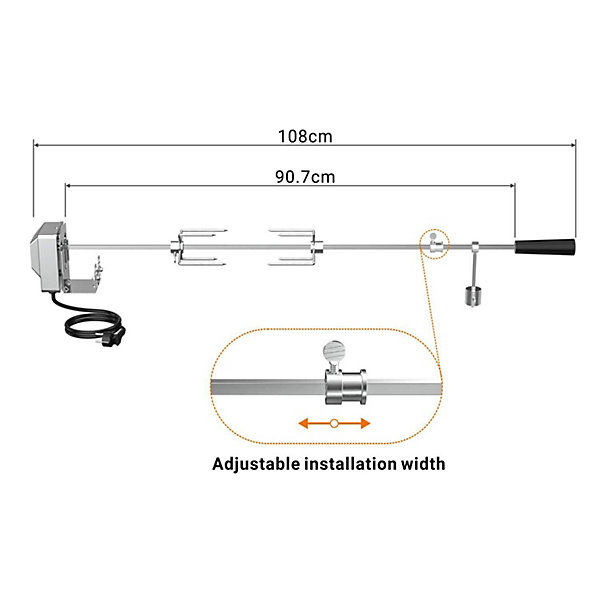 Barbecue Rôtisserie Set 90cm Carré 8x8mm Tournebroche 2 x Brochettes Aiguilles Moteur en Acier Inoxydable Tourne Broche Electrique