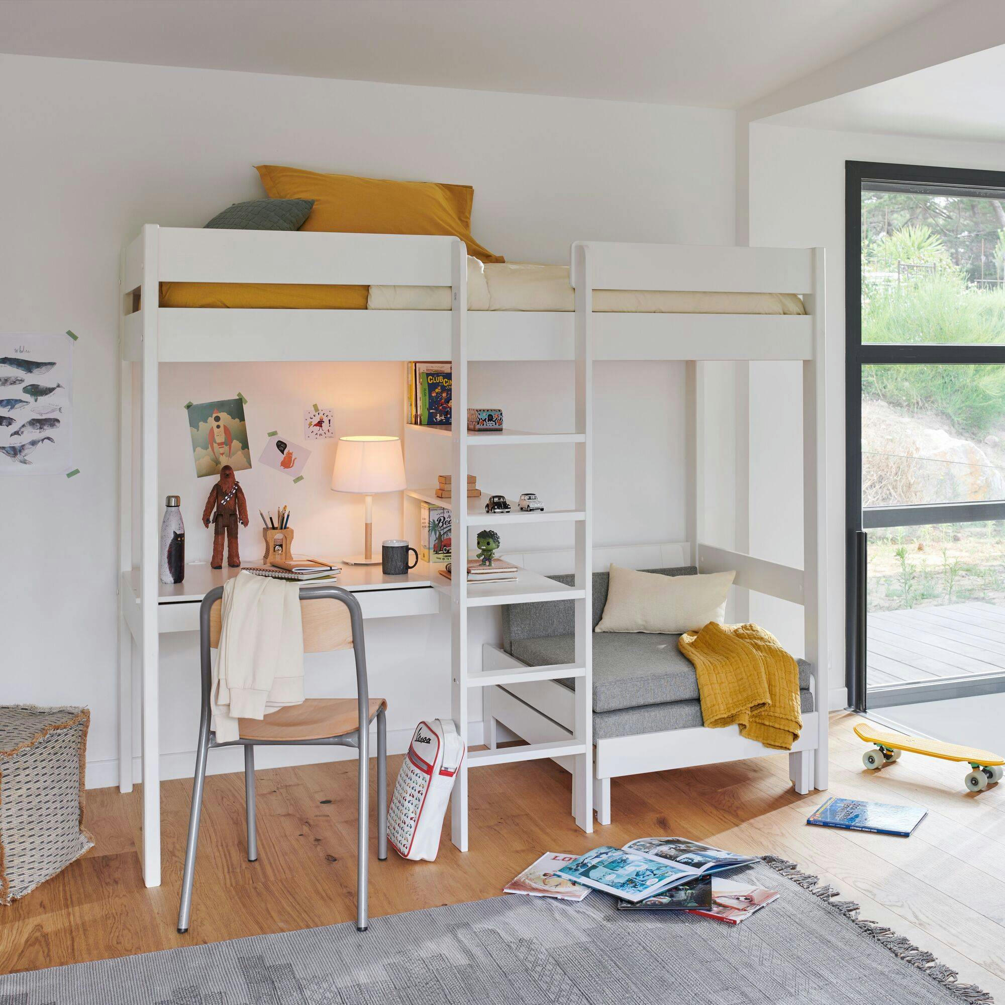 TIM - Lit mezzanine en bois avec son fauteuil 90 x 190 cm blanc