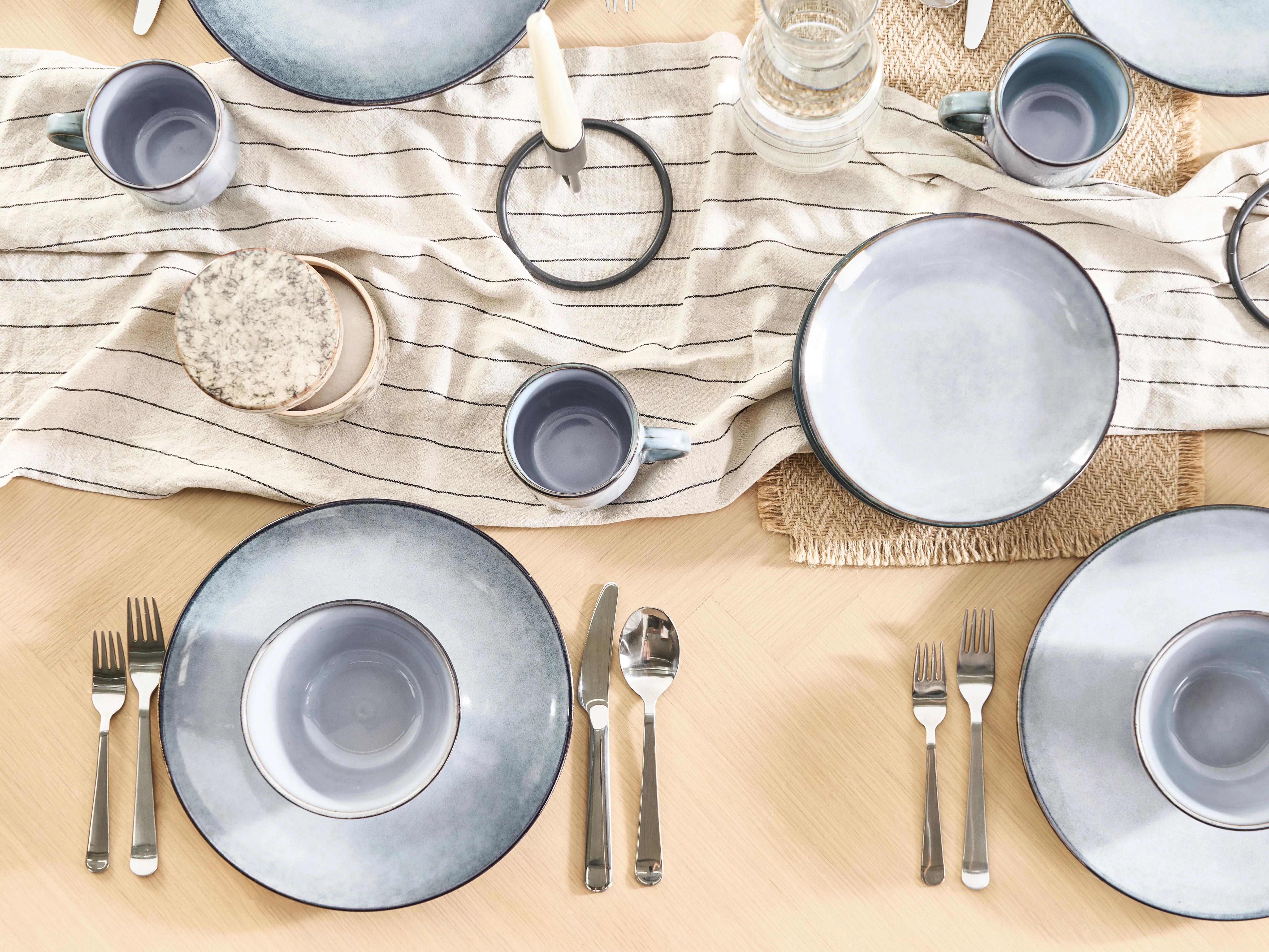 Set of 16 Dinnerware JUNIPER Stoneware Light Blue