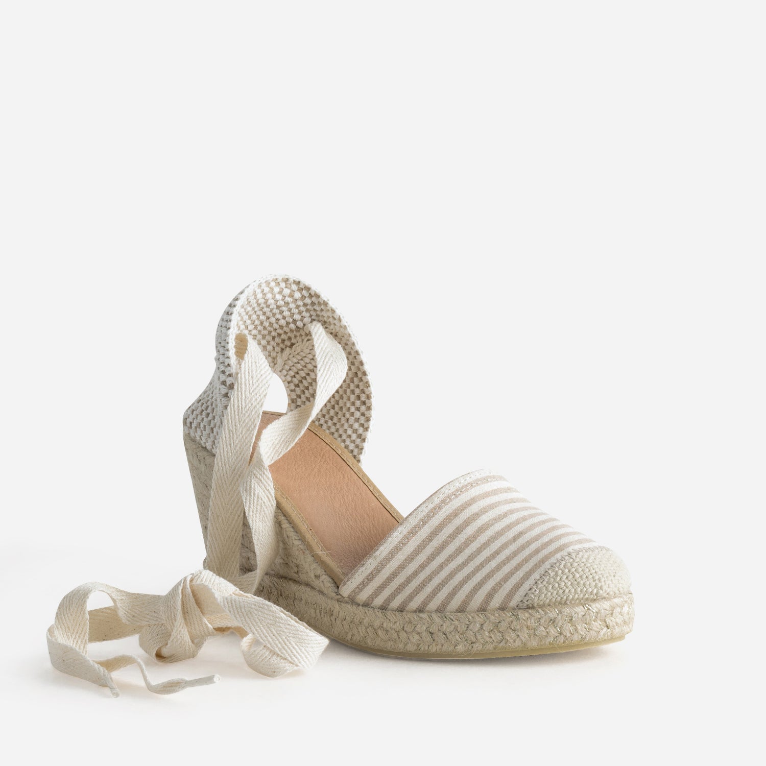 Espadrille compensée écrue toile rayée taupe