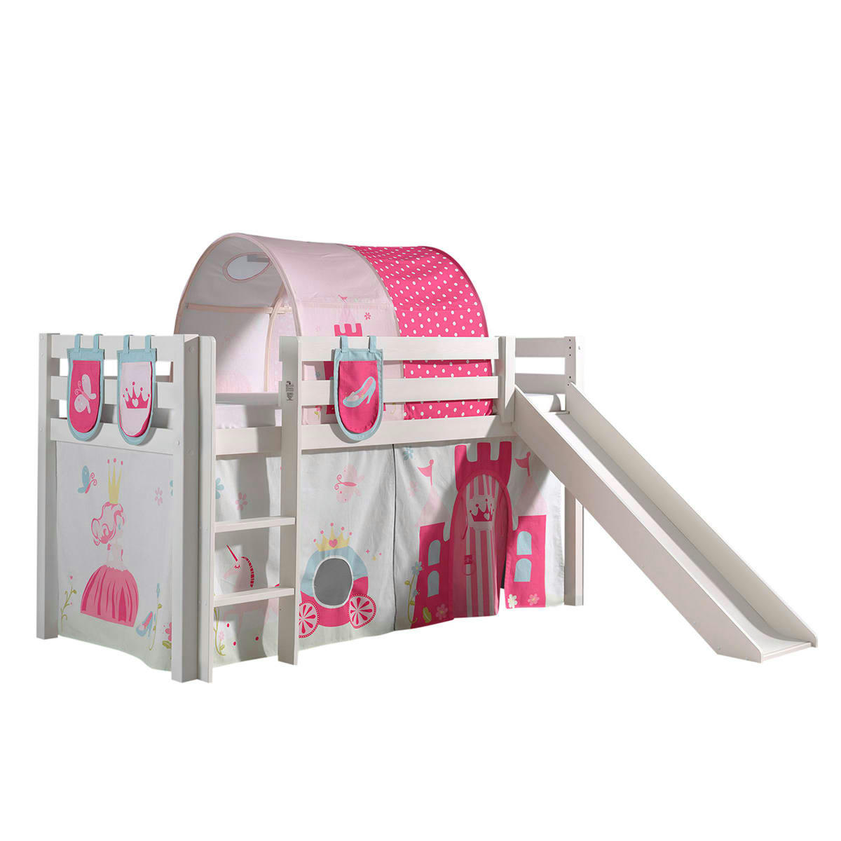 PINO - Lit mi-hauteur 90x200 toboggan sommier inclus housse princesse blanc