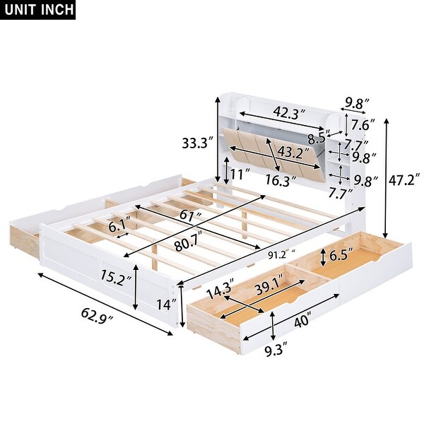 Wood Queen Size Platform Bed with Storage Headboard, Shelves and 4 Drawers