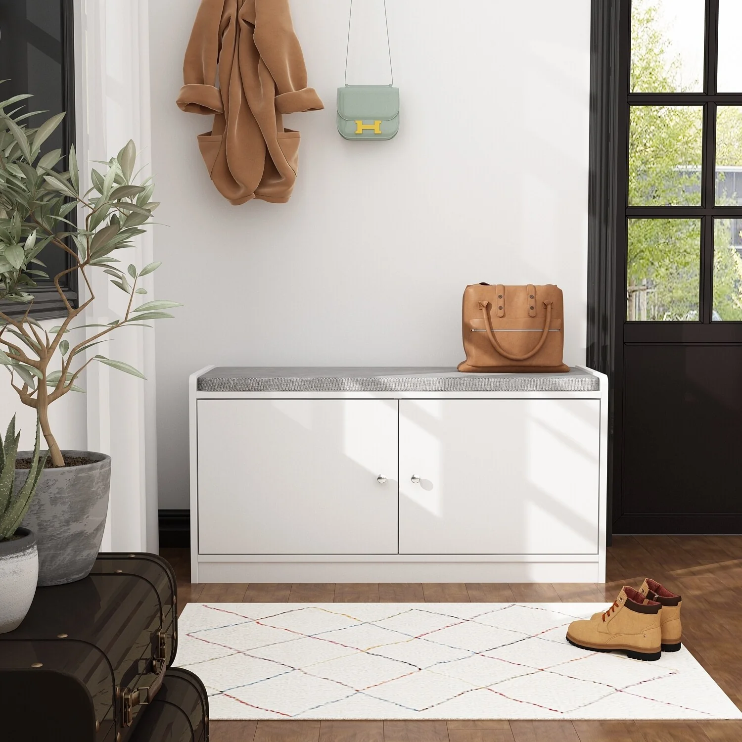35.8W White Storage Bench with Drawers and Padded Seat Cushion
