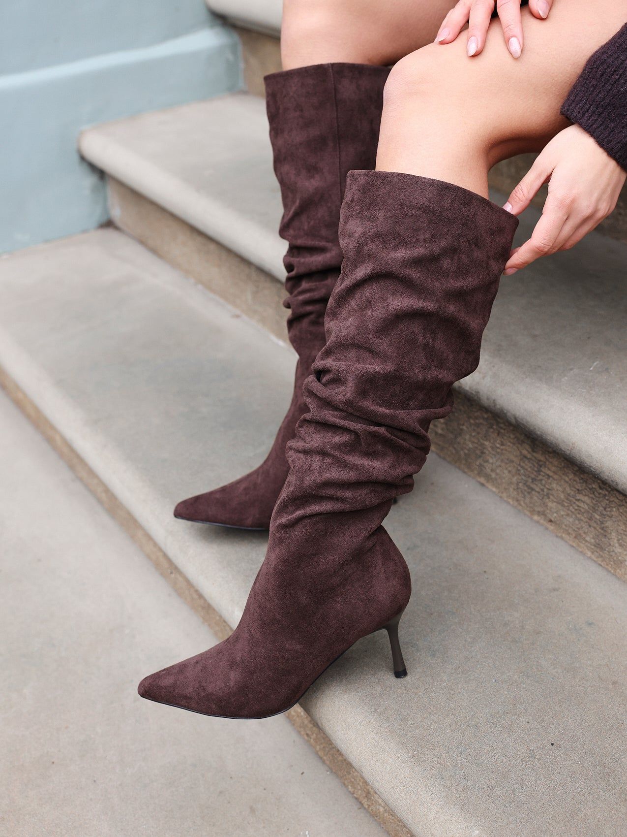 Linzi Rosenna Brown Faux Suede Ruched High Leg Heeled Boot