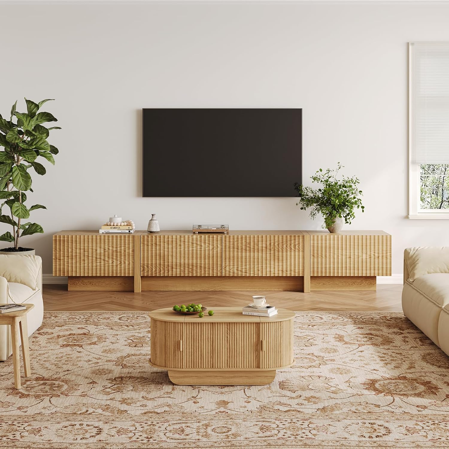 TV Stand and Coffee Table Set of 2, Modern TV Stand for Living Room, 98” Entertainment Center Fits 55”-95” TVs,Lift Top Coffee Table for Home,Office, Natural