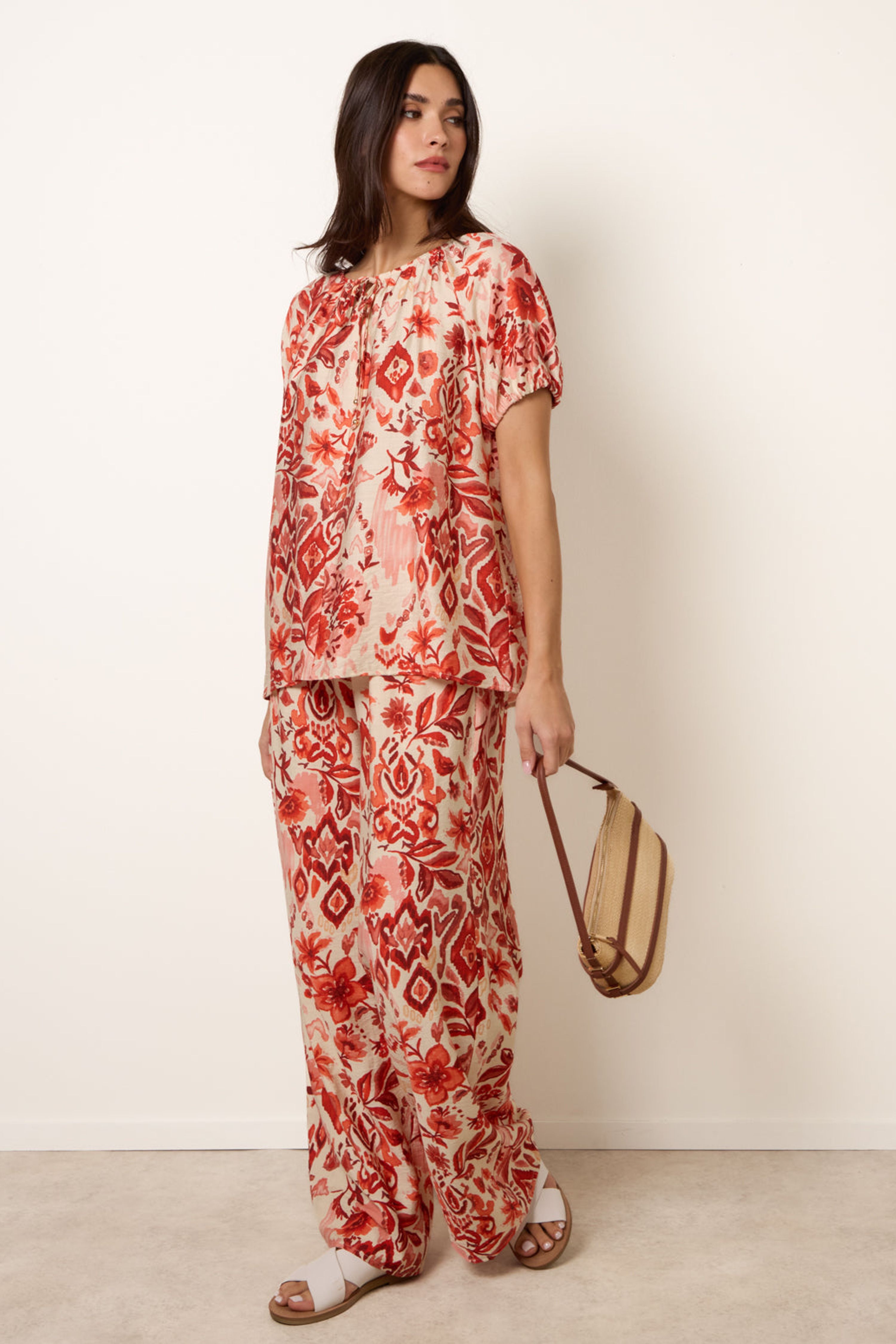 Blue Vanilla Orange Watercolour Floral Print Elasticated Sleeve Top