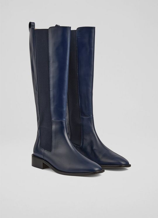 Zara Navy Leather Knee Boots