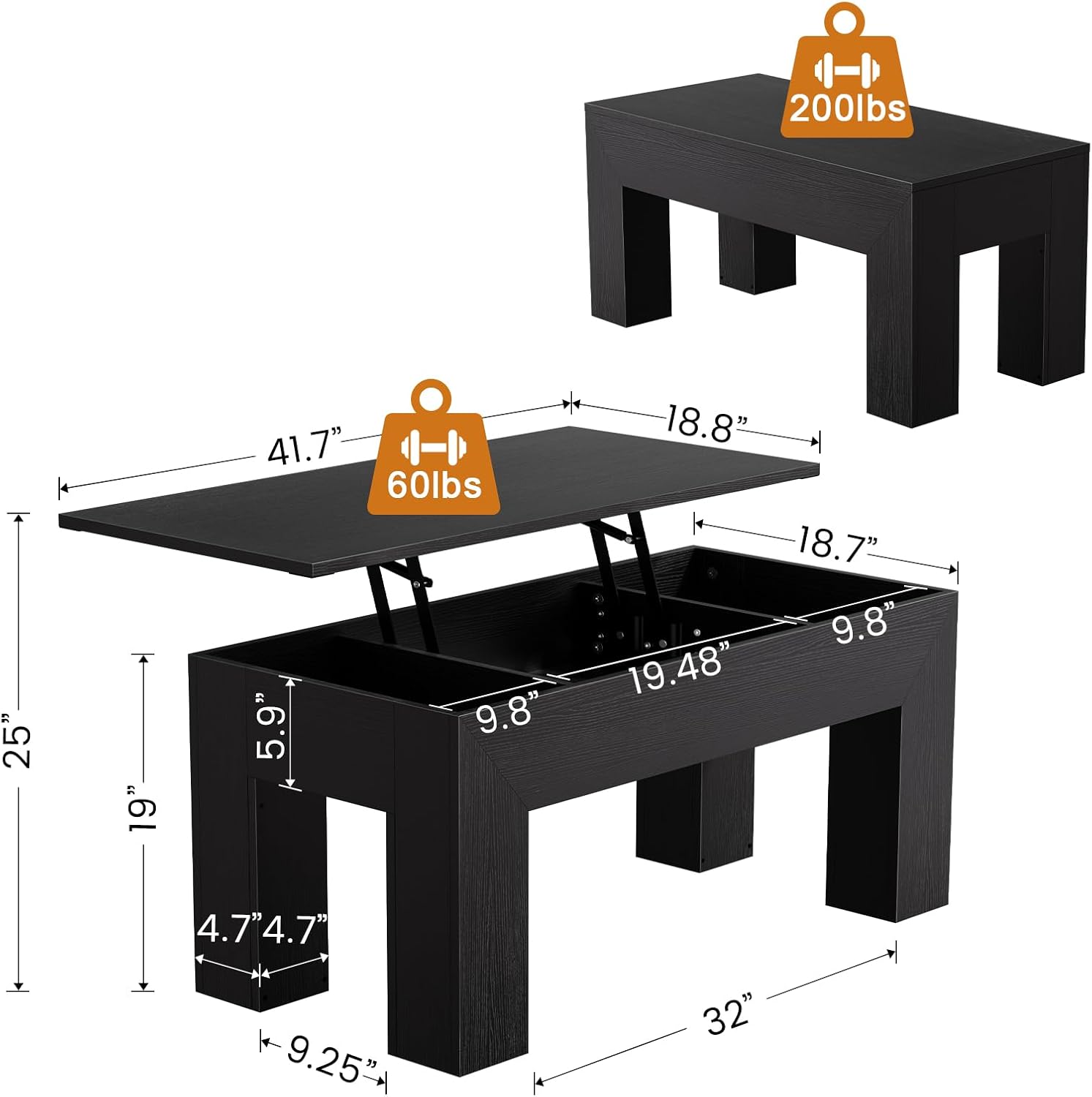 FABATO 41.7'' Lift Top Coffee Table, Wooden Rectangle Coffee Table with Hidden Storage, Large Center Table Adjustable Height Sofa Table for Living Room Office Apartment, Black
