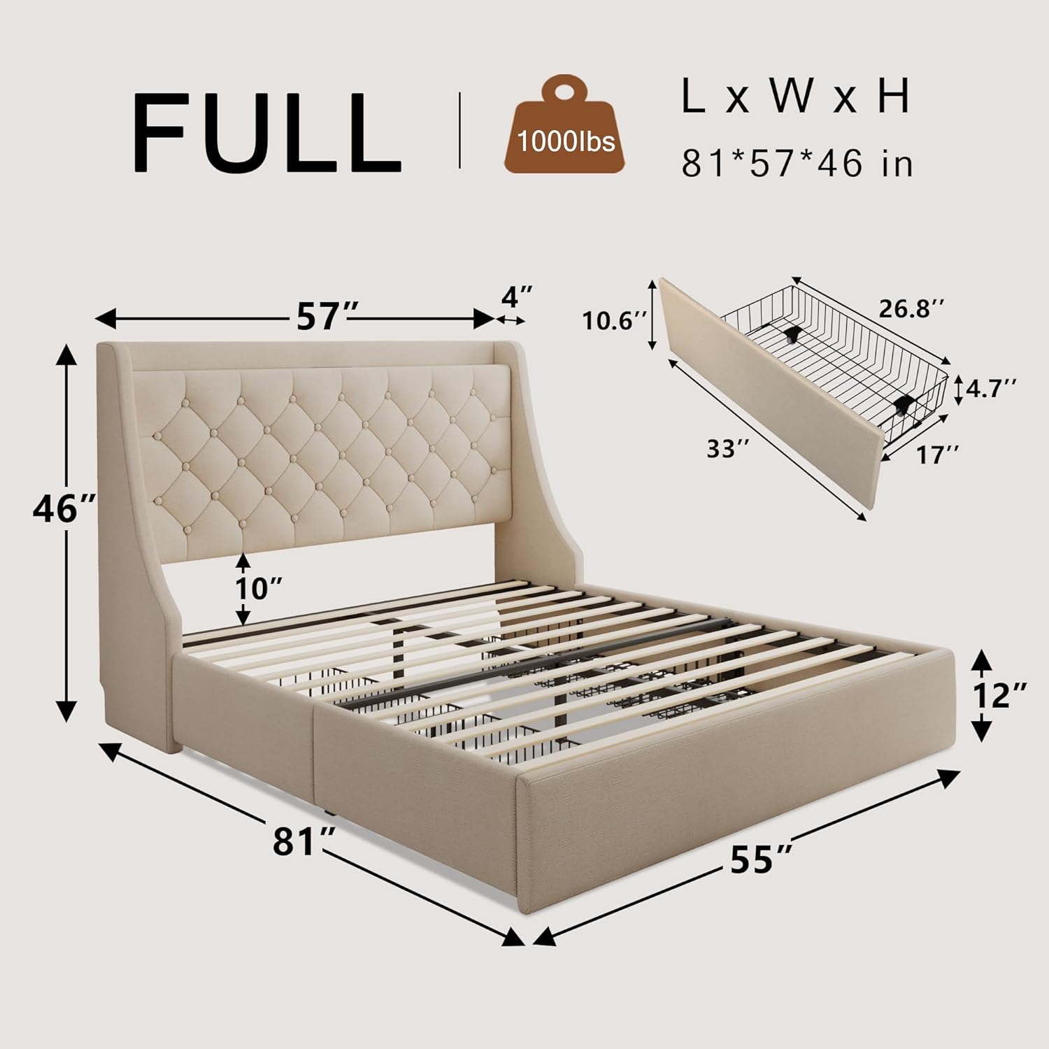 Upholstered Full Size Bed Frame with 4 Storage Drawers, Platform Bed with Wingback Headboard, Charging Station, No Box Spring Needed, Beige