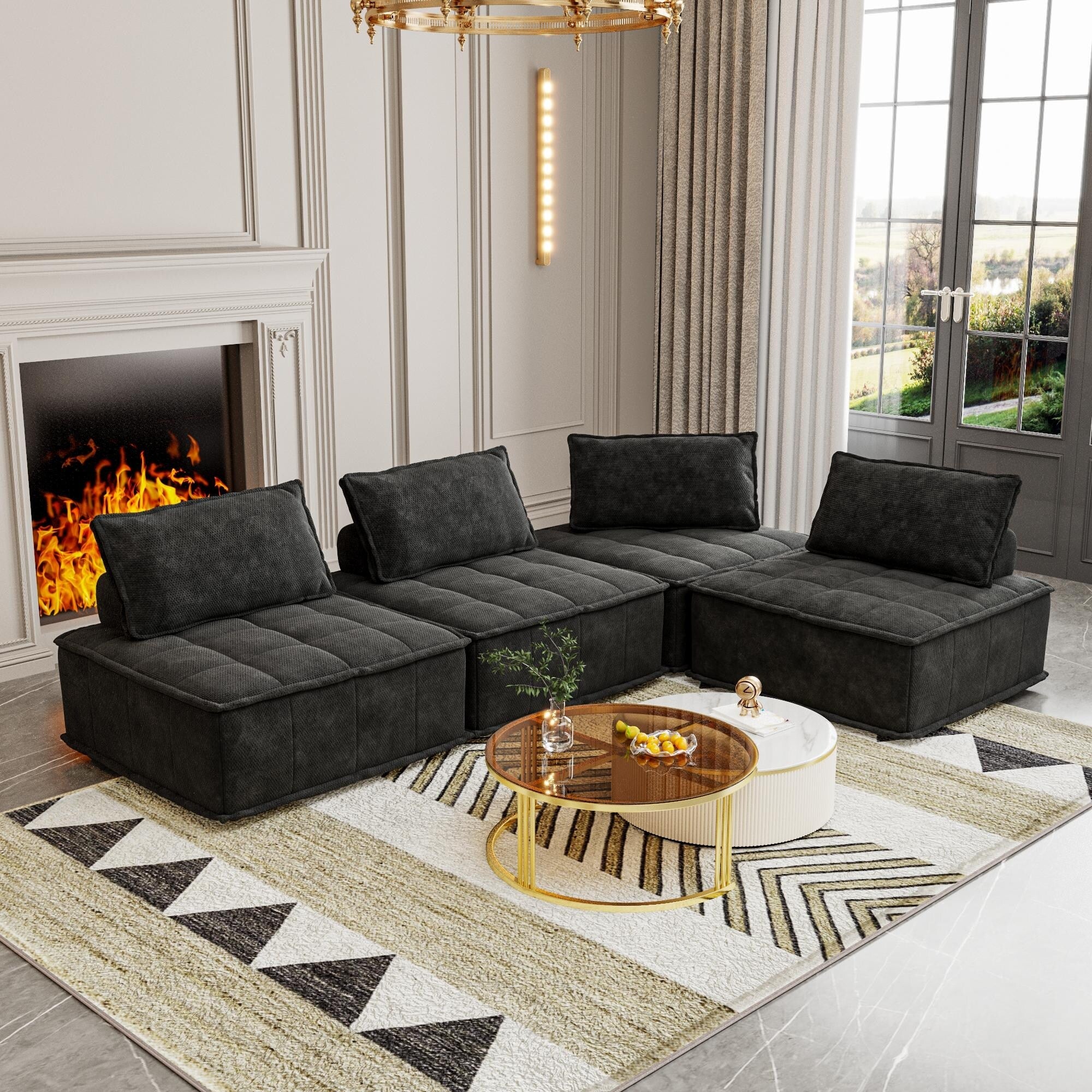 Black Oversized 4-piece Chenille Modular Square Sofa Set with High-Density Foam Cushions, Free Combination