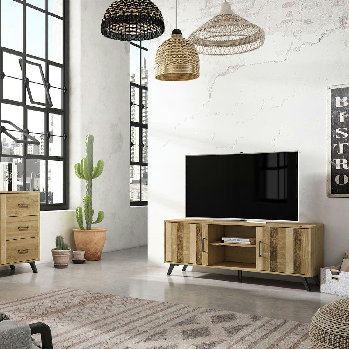 INARI - Meuble TV 2 portes effet bois 136 cm