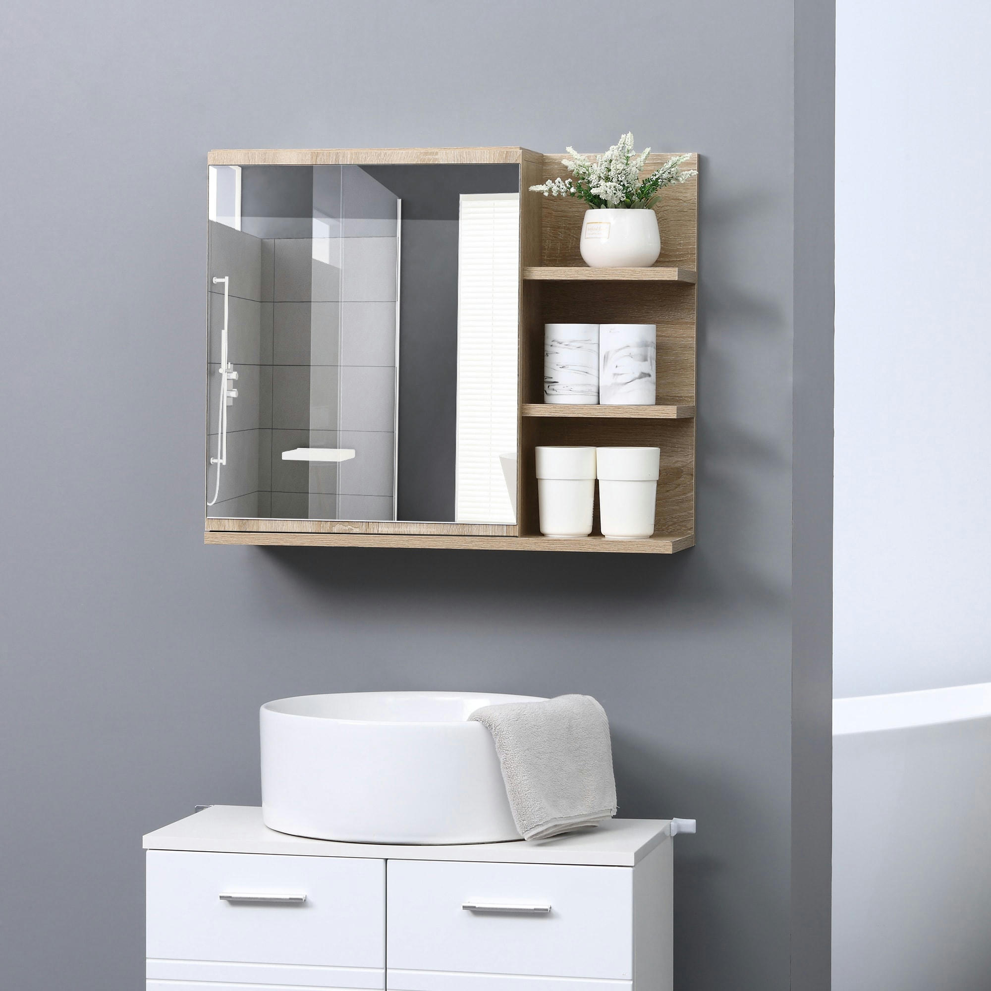 - Armoire miroir de salle de bain avec étagères - aspect chêne clair
