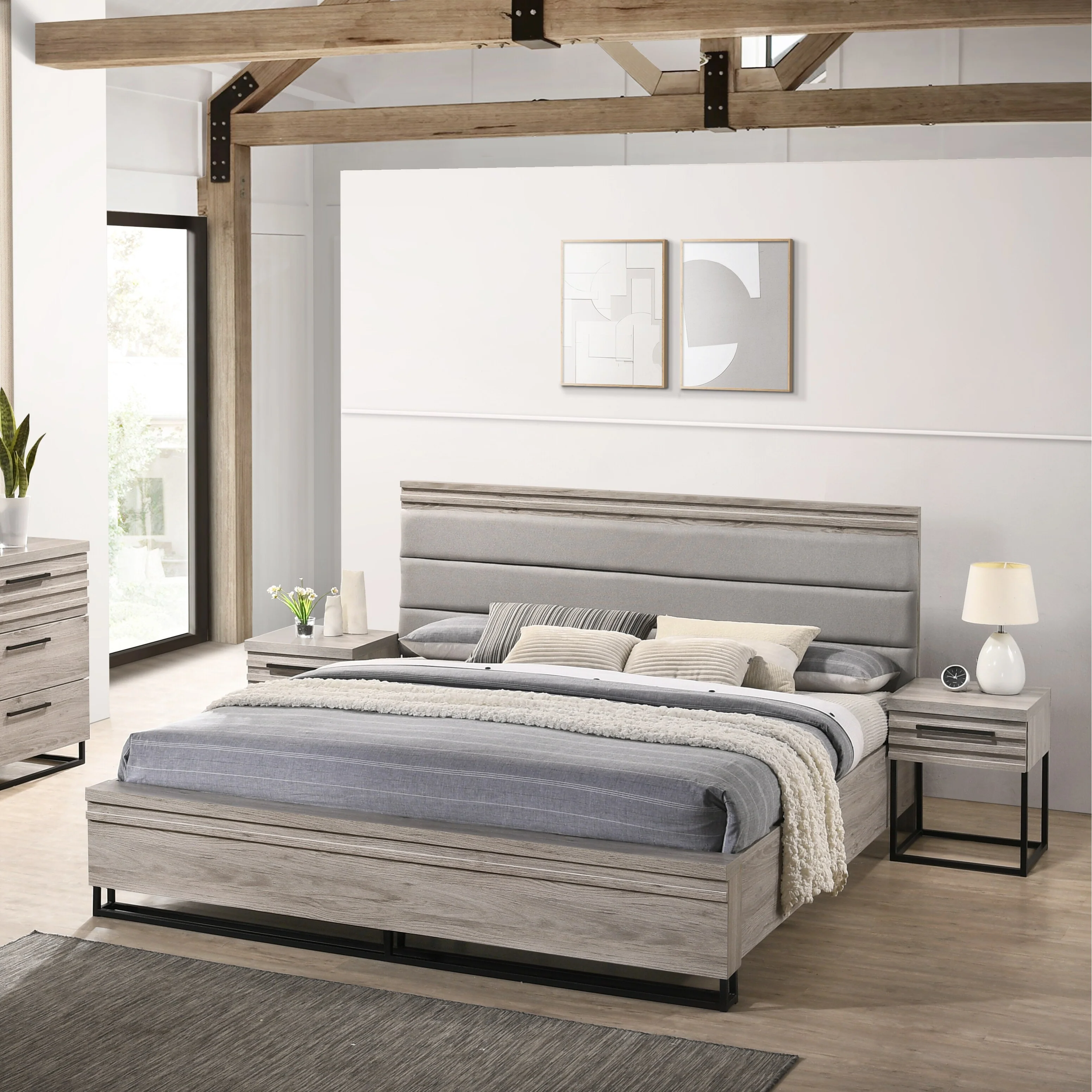 Roundhill Furniture Alvear 3-Piece Upholstered Wood Bedroom Set, Panel Bed and Two Nightstands, Weathered Gray