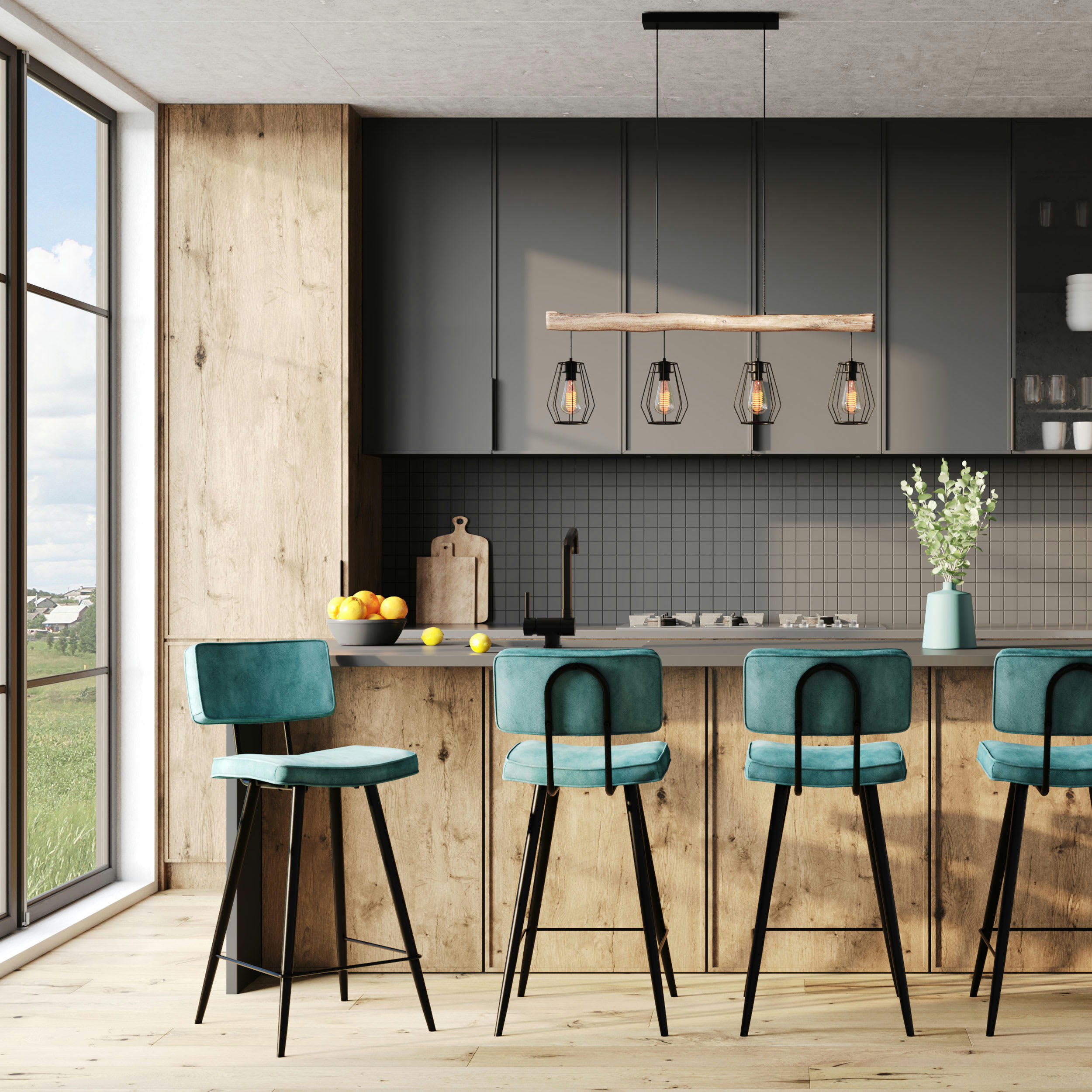 TEXAS - Chaise de bar mi-hauteur 66 cm en cuir synthétique bleu (x2)