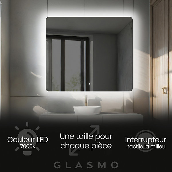 Miroir avec LED Illumination Salle de Bain - Faye, 140x80 cm, Miroir Mural, Blanc Froid 7000K, Interrupteur Tactile