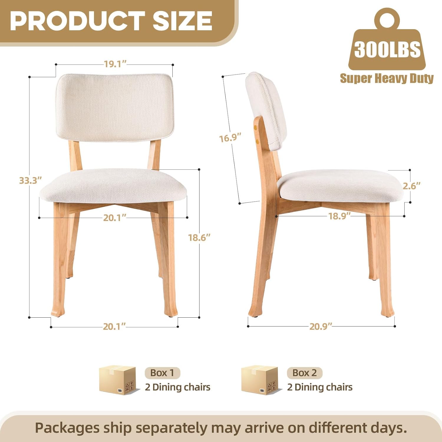 Wooden Dining Chairs Set of 4, Mid Century Modern Kitchen Chairs with Fabric Upholstered and Curved Backrest for Dining Room, Restaurant/Cafe, 300LBS Capacity, Natural
