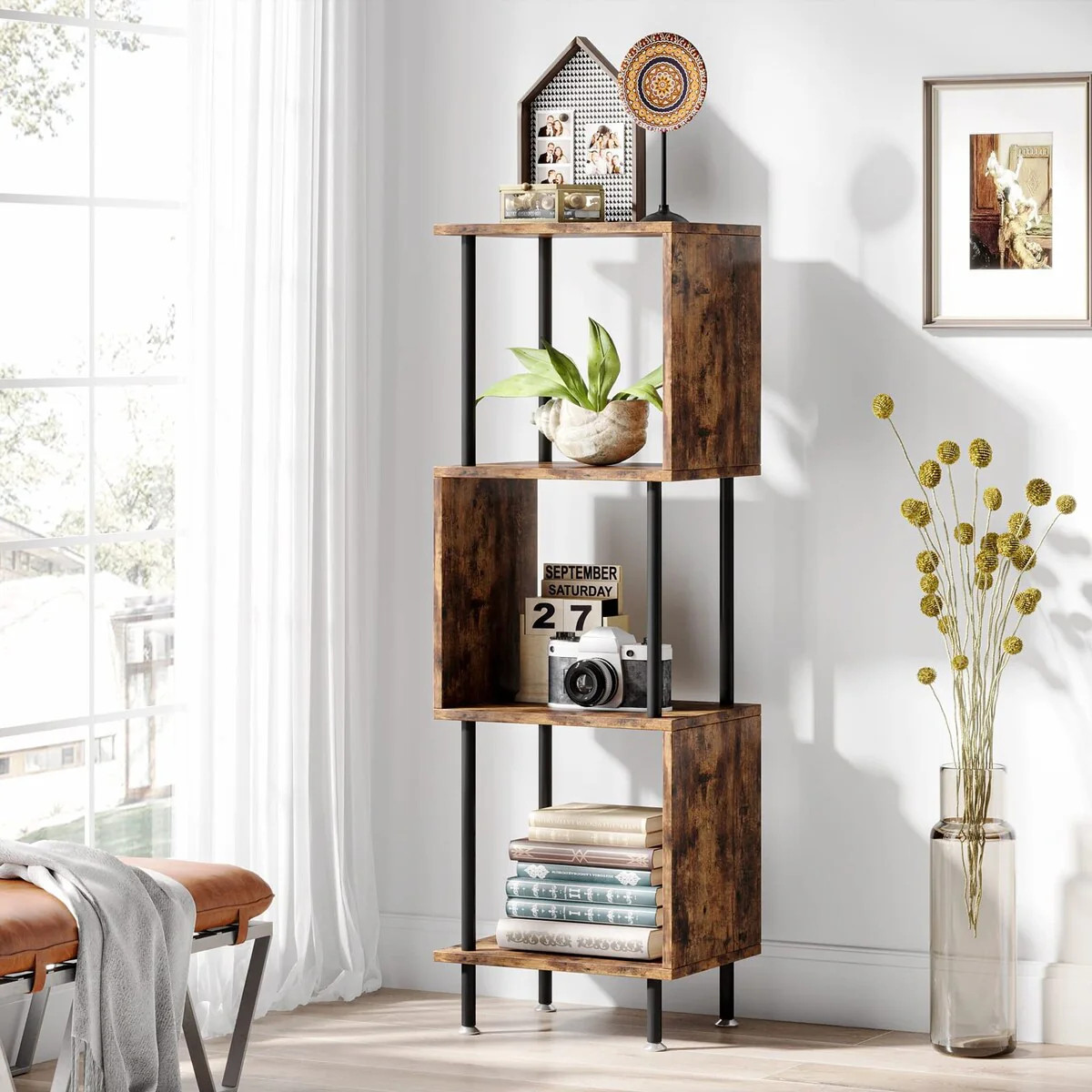 4 Tier Modern Bookshelf, S-Shaped Bookcase,Small Book Shelf for Small Spaces, Unique Bookshelf for Living Room Bedroom