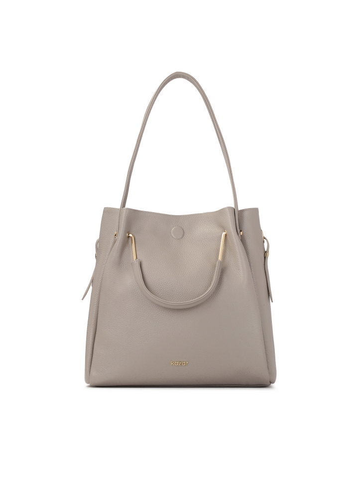 Grey leather handbag with metal handles and strap