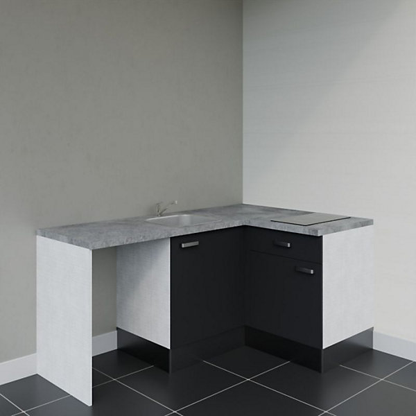 Kitchenette KA01 - 128 cm - Façades : Noir - Plan de travail : Gris béton - Crédences : Non - Evier