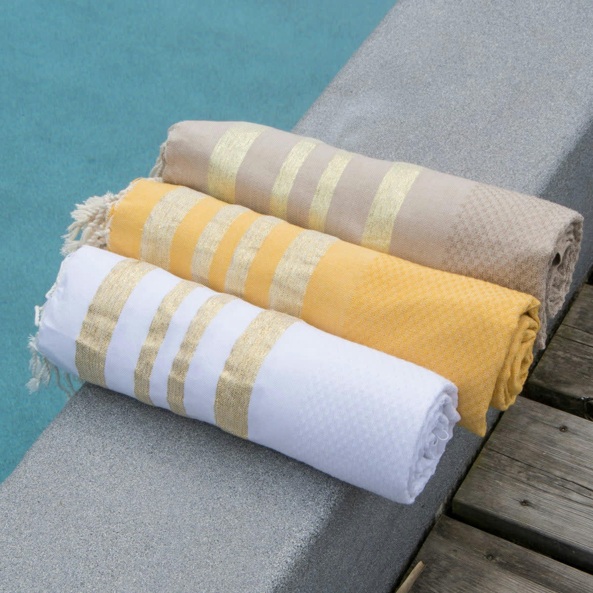 HAMPTONS - Fouta lurex coton  100x200 beige / or