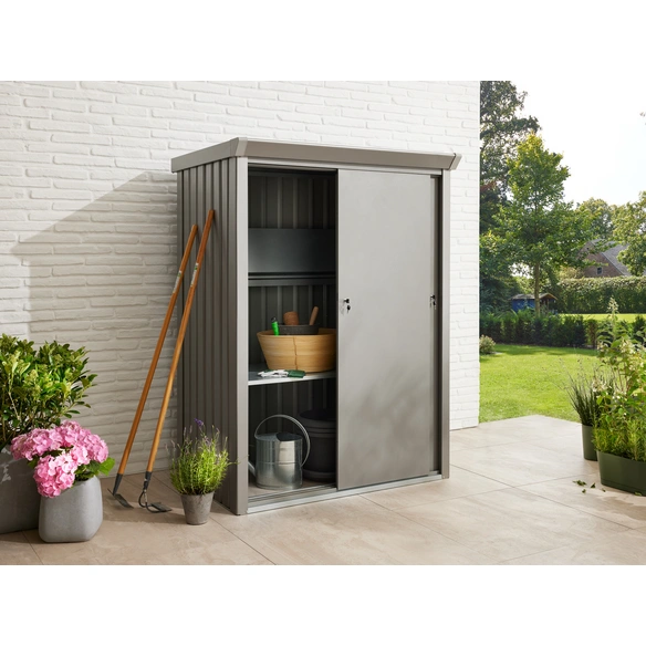 Geräteschrank, mit Schiebetüren, BxTxH: 133 x 94 x 181 cm, grau, mit Regalböden
