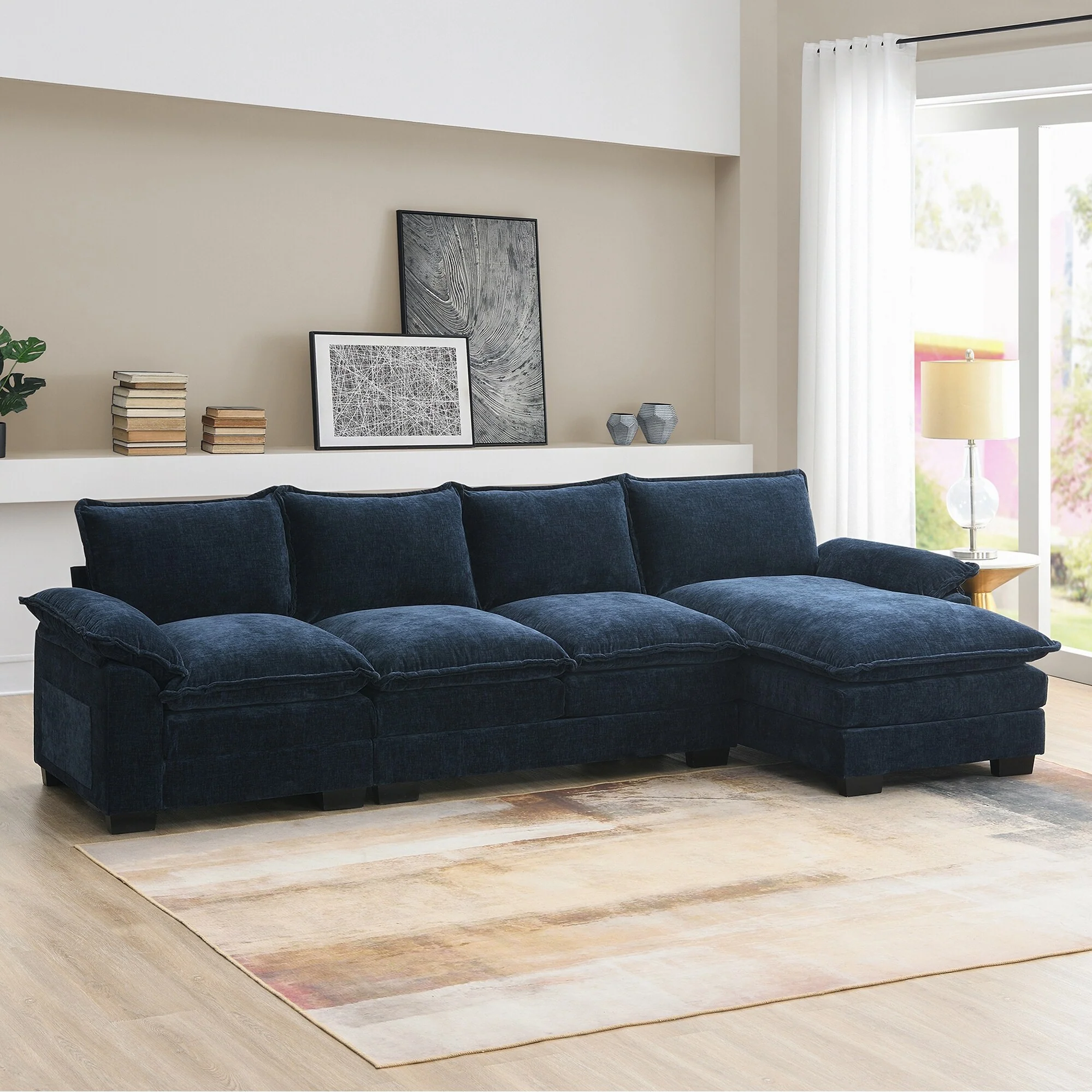 Chenille Upholstered Sectional Sofa with Chaise and Storage Pockets, 5 Seat Lounge Cloud Couch L-shaped Recliner Couches