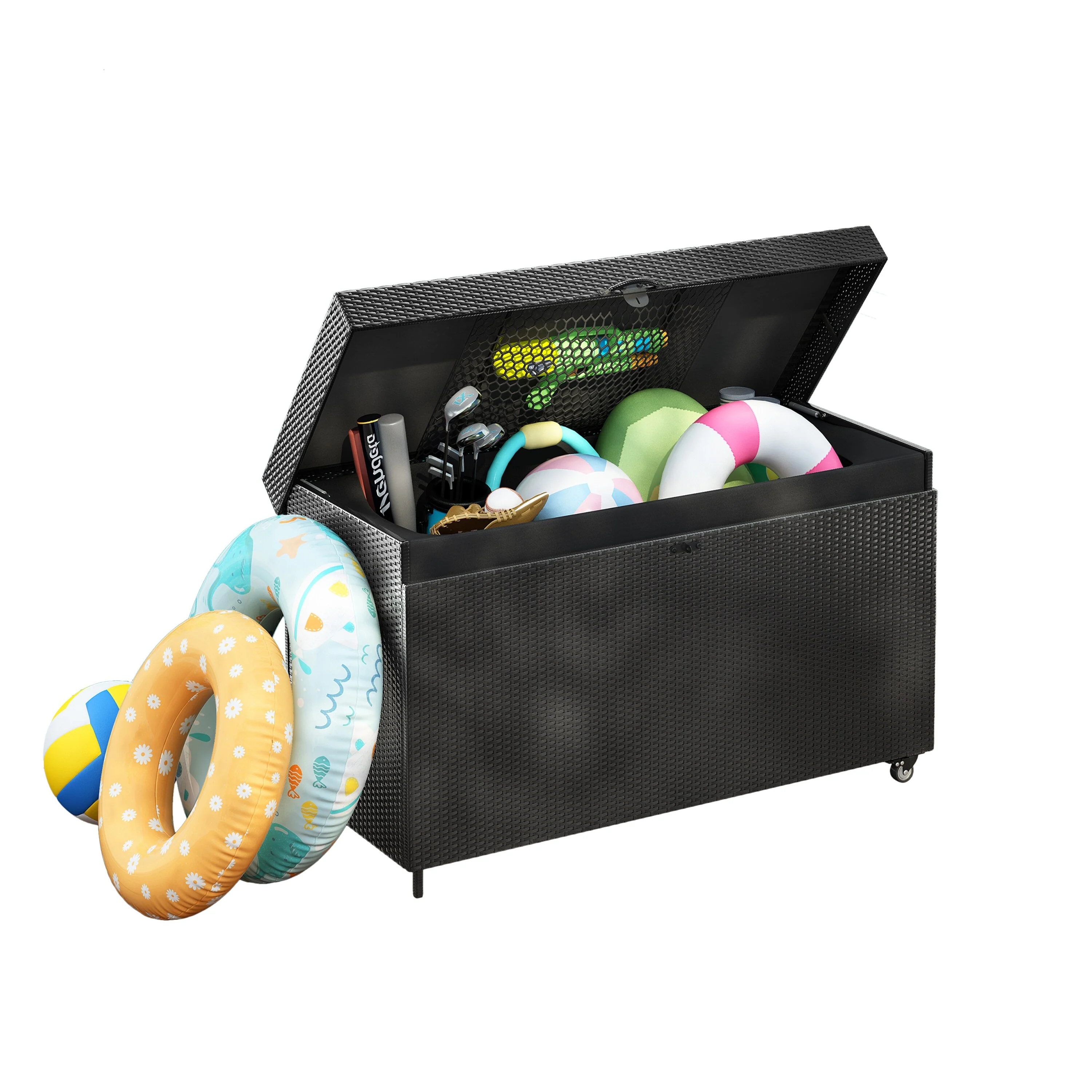 Black Heavy Duty Wicker Deck Box with 4 Wheels, Lockable Lid and Bench for Patio Poolside and Garden