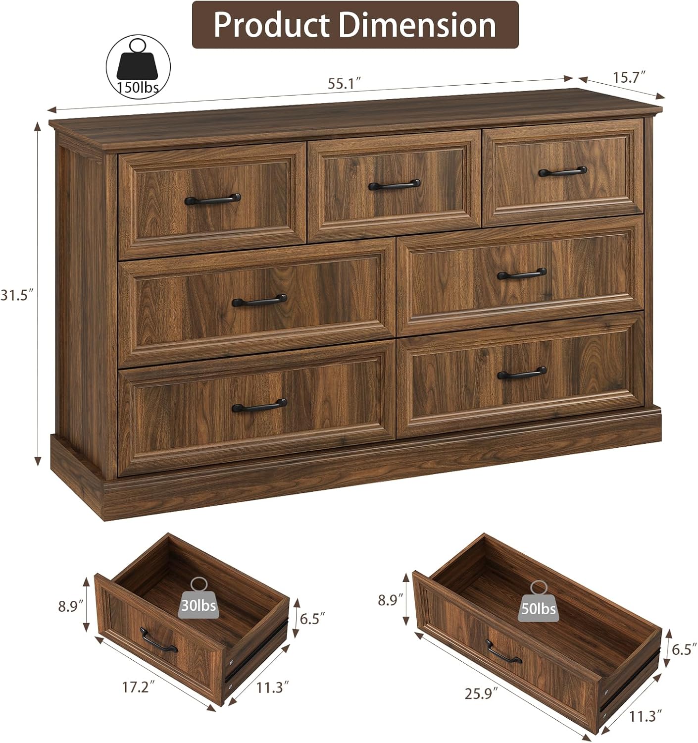Farmhouse 7 Drawer Dresser for Bedroom, 55 Inch Wide Modern Walnut Dresser TV Stand with Large Drawers & Bar Handles, Rustic Wood Chest of Drawers for Bedroom, Living Room, Hallway, Entryway.