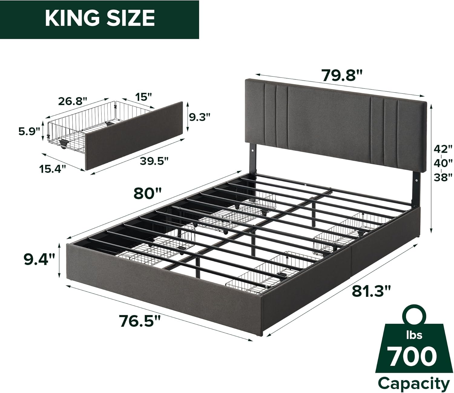 Zinus Billie Platform Bed Frame, Four Underbed Storage Drawers, Height Adjustable Headboard, Upholstered Style, King