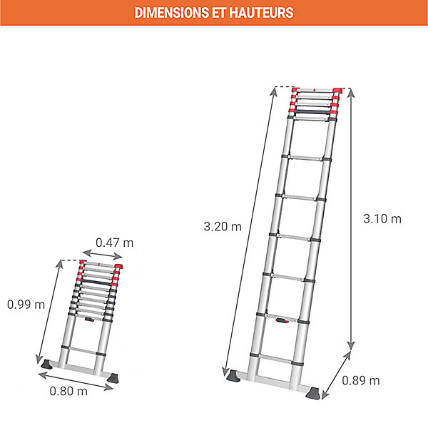 Echelle télescopique 11 échelons - Longueur 3.20m - Hauteur de travail max. 4.00m - 7113-112