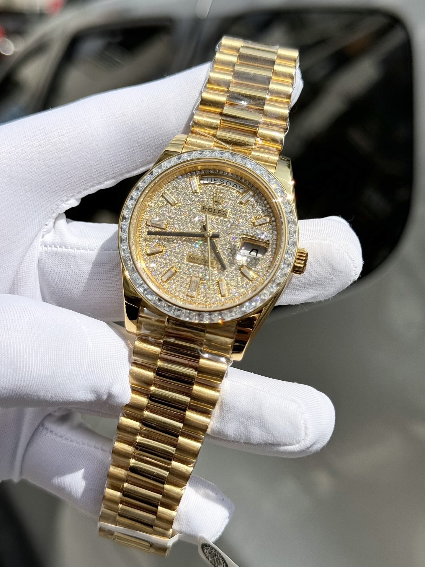 Rolex Day-Date YG Plated Diamond Dial Baguette Diamond 40mm Super Clone