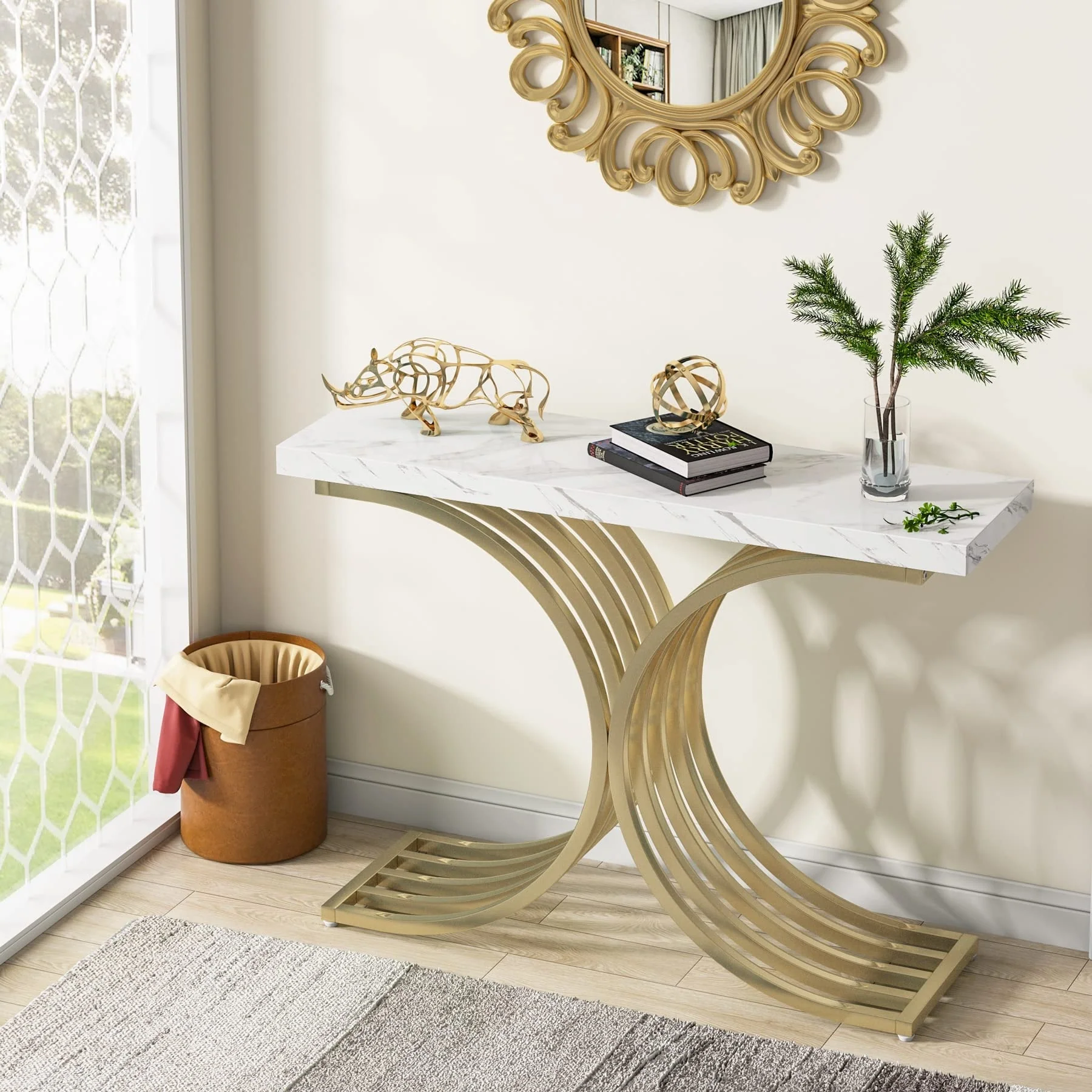 43 Modern Console Table with Gold Base, Geometric Entryway Sofa Table for Living Room Faux Marble, Gold